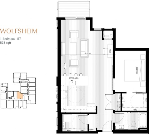 Floor plan for 1 bed, 1 bath, 821 sqft
